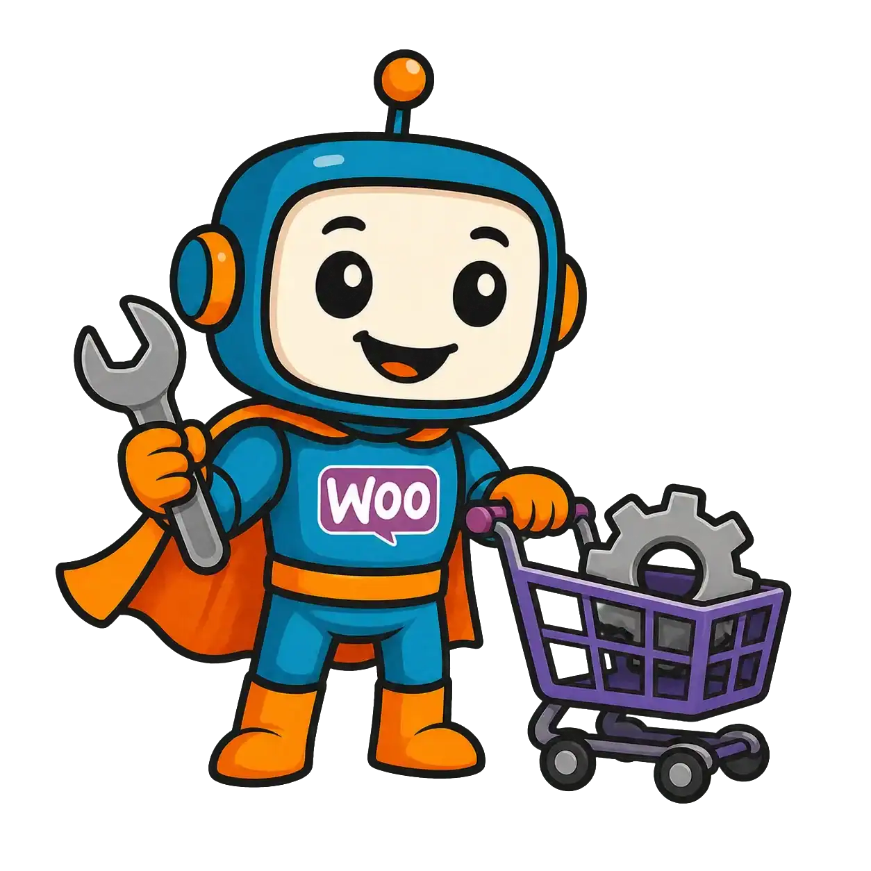 Cartoon Robot with WooCommerce shopping cart and tools.