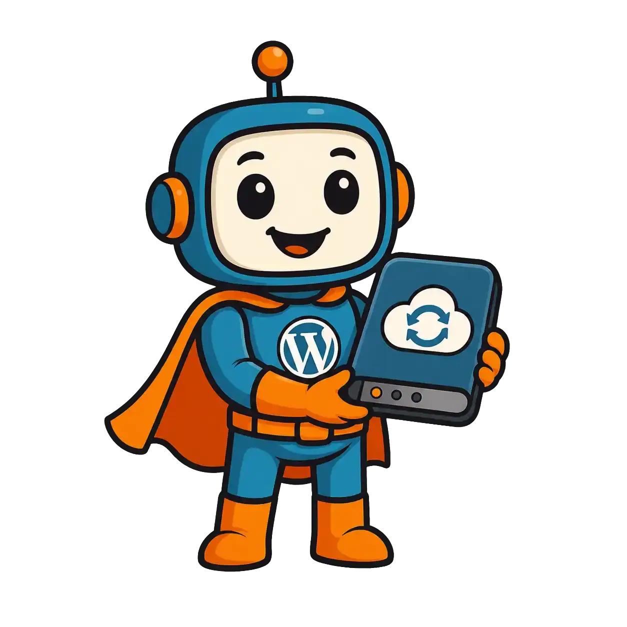 Niedliche Roboterfigur mit WordPress-Logo auf Tablet in Hand.