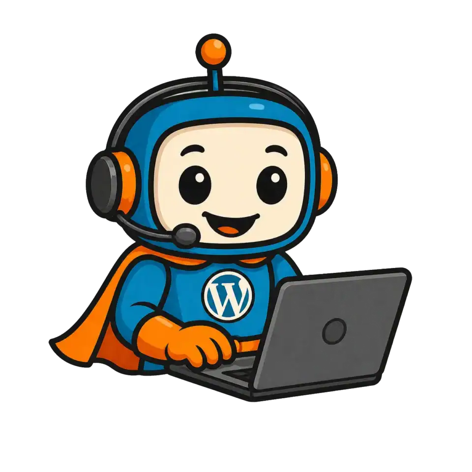Roboter-Icon für WordPress-Administratoren mit Laptop und Headset.