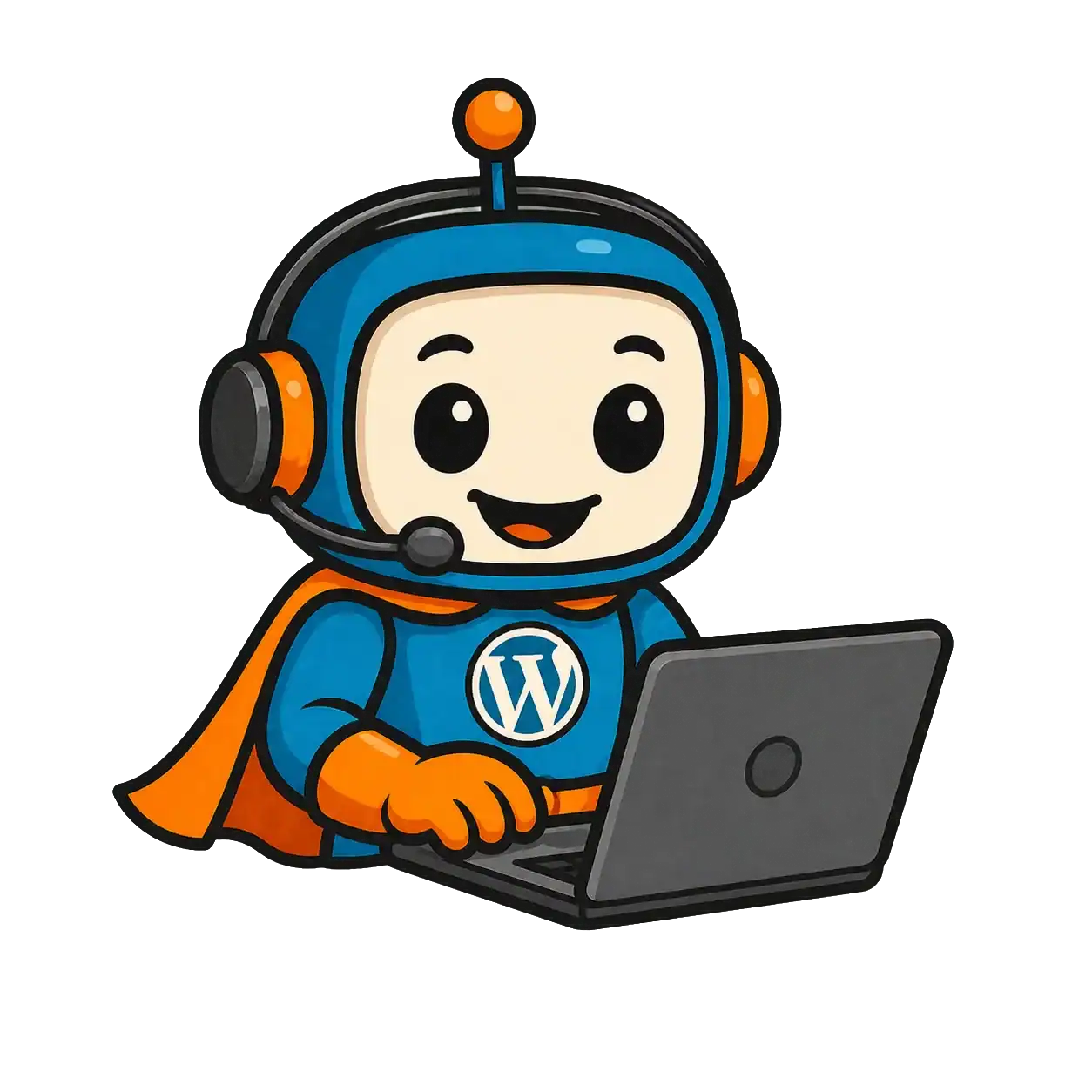 Roboter-Icon für WordPress-Administratoren mit Laptop und Headset.