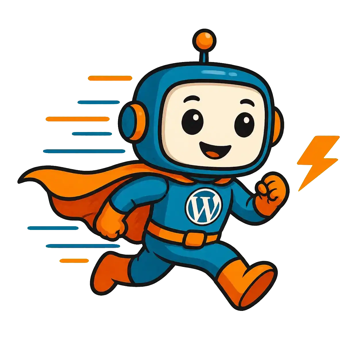 WordPress-Logo als Superheld mit Cape und Blitzen.