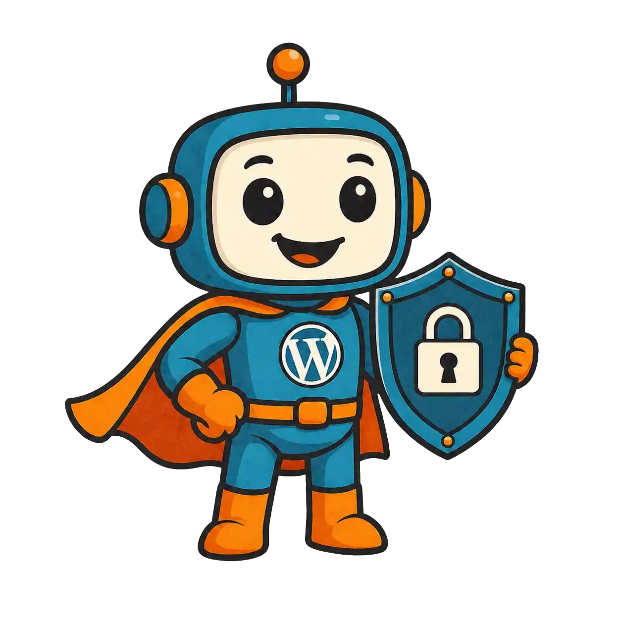 Superhelden-Charakter mit WordPress-Logo und Schutzschild.